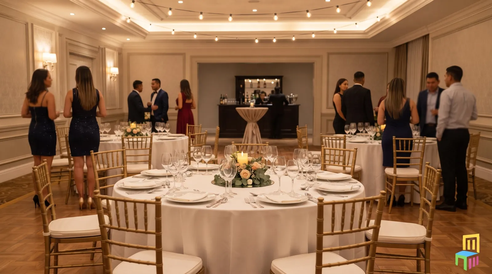 Fiesta de fin de año de empresa con mesas redondas, manteles blancos, cristalería y sillas Tiffany doradas