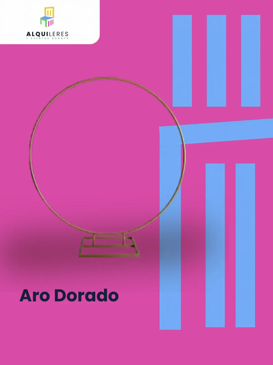Aro dorado metálico con base para backing de globos o flores, alquiler de backings en Bogotá