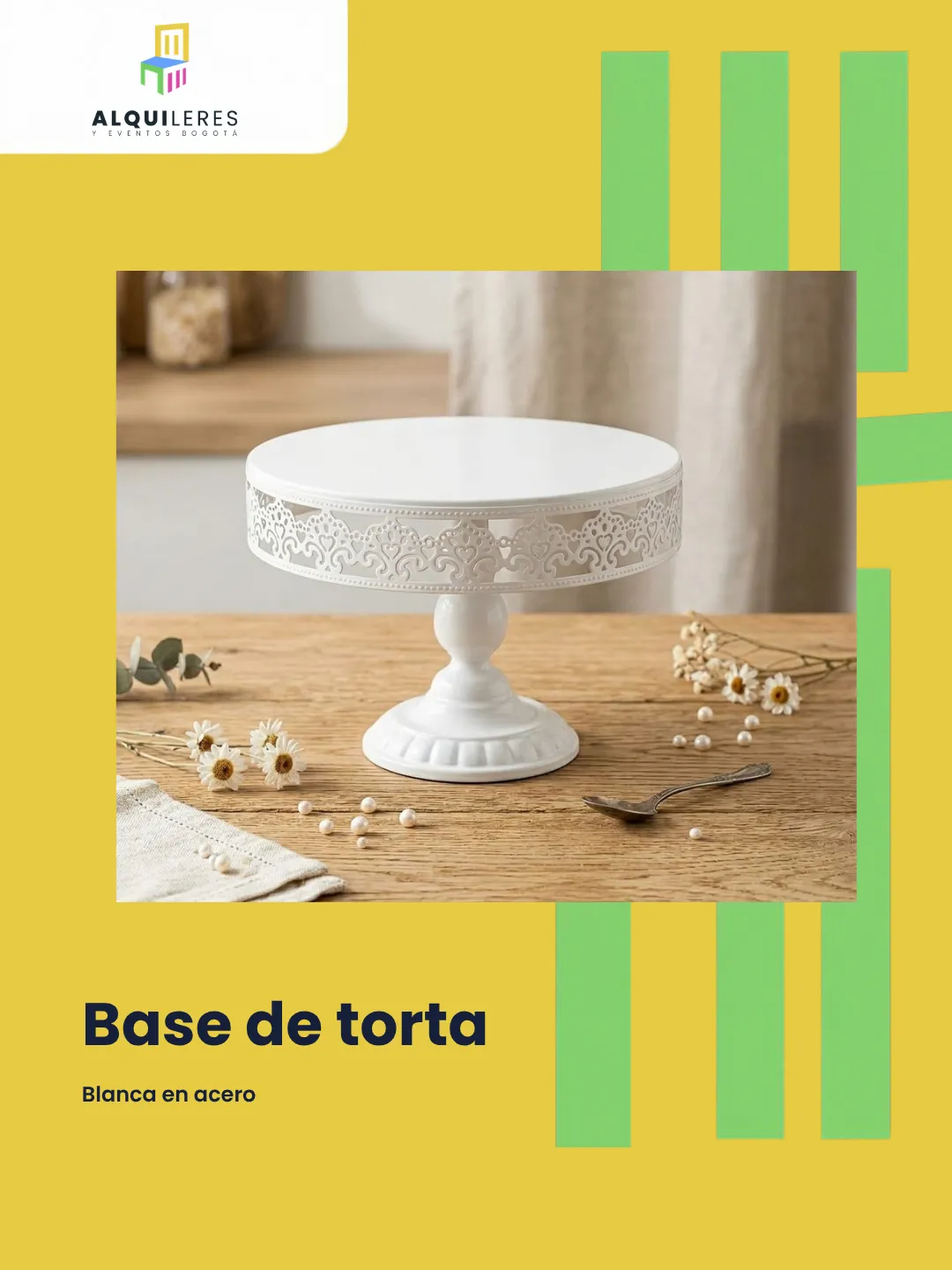 Base para torta blanca en acero con borde calado y pedestal