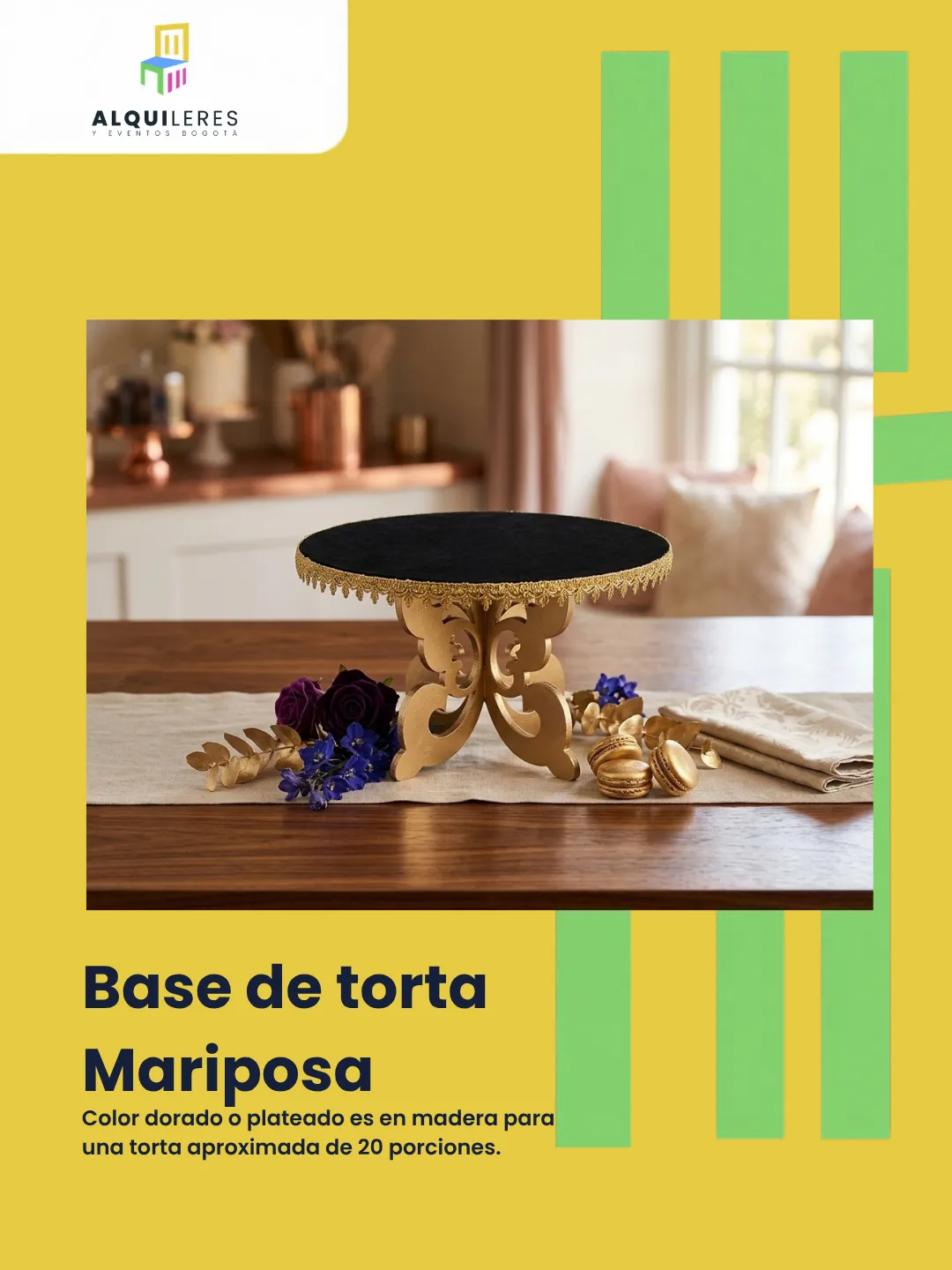 Base para torta mariposa en madera dorada para tortas de unas 20 porciones