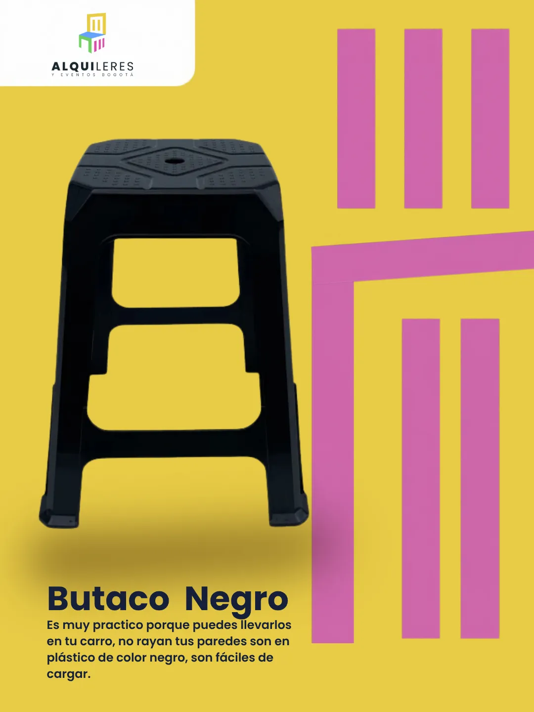 Butaco plástico negro, liviano y fácil de transportar