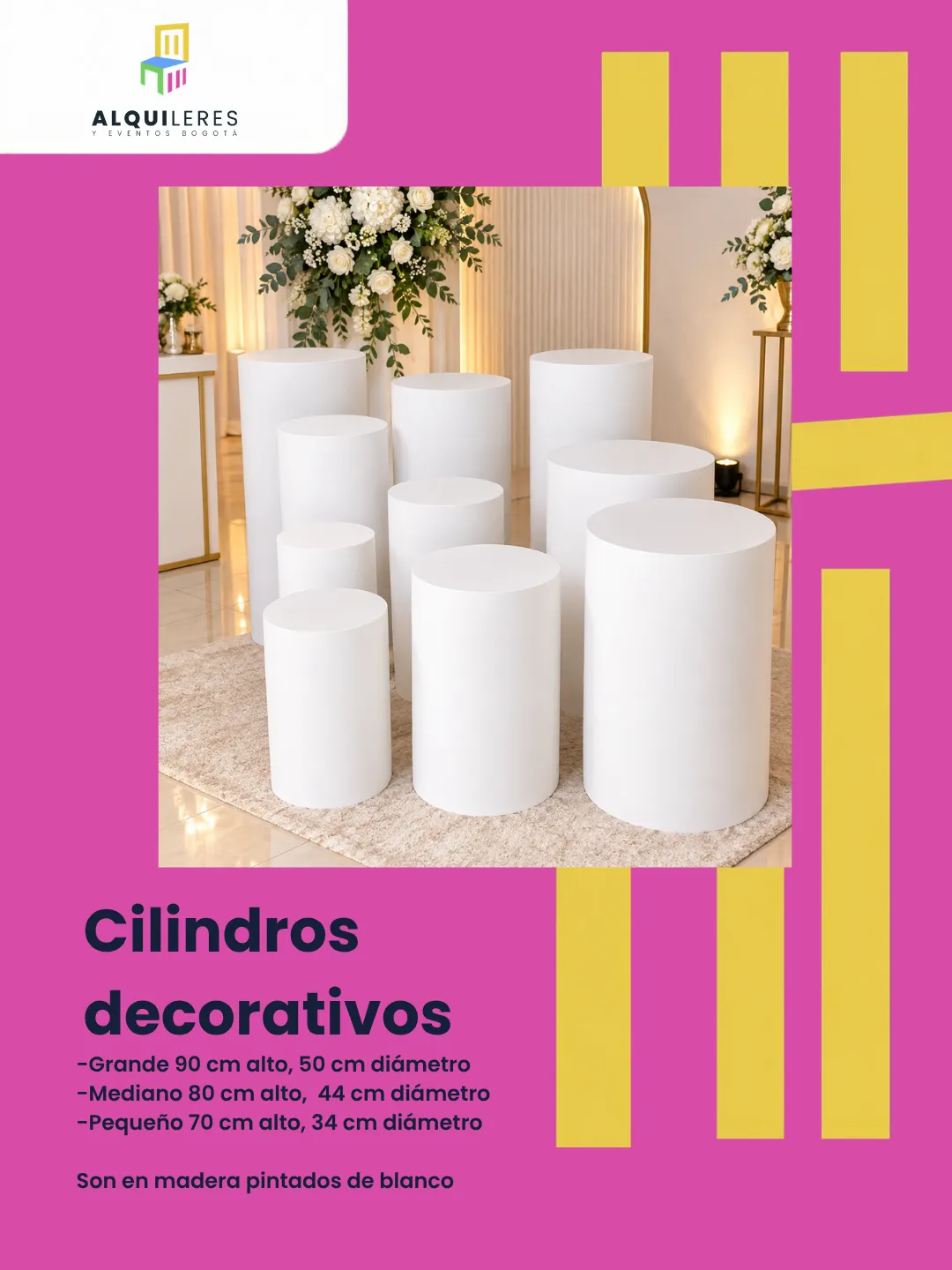 Cilindros decorativos en madera blanca en tamaño grande, mediano y pequeño