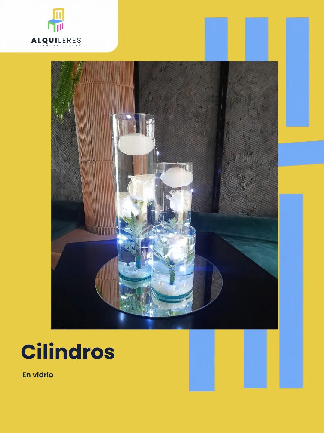 Cilindros de vidrio con flores sumergidas, velas flotantes y luces