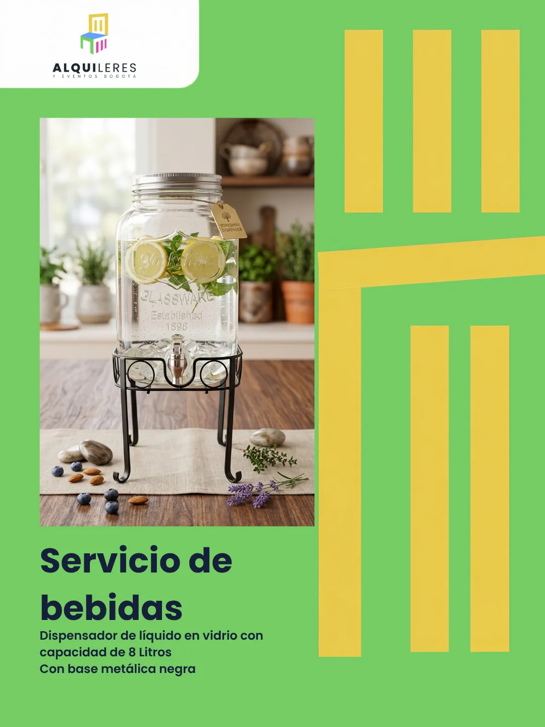 Dispensador de bebidas en vidrio de 8 litros con base metálica negra