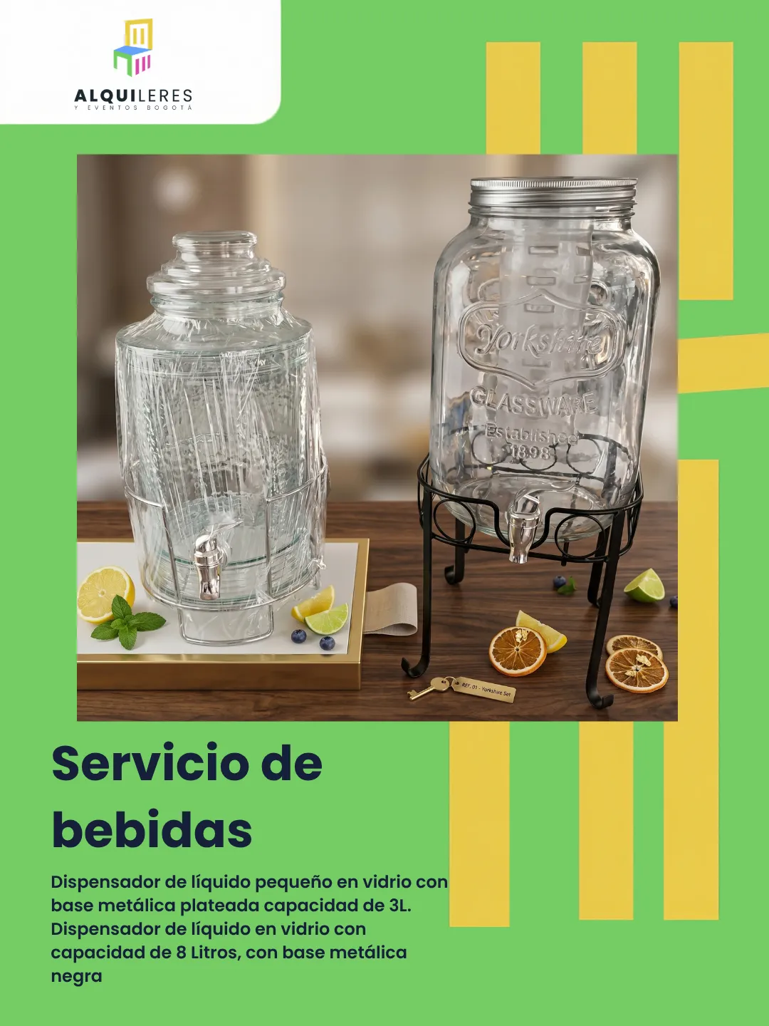 Dispensadores de vidrio de 3 y 8 litros con bases metálicas plateada y negra