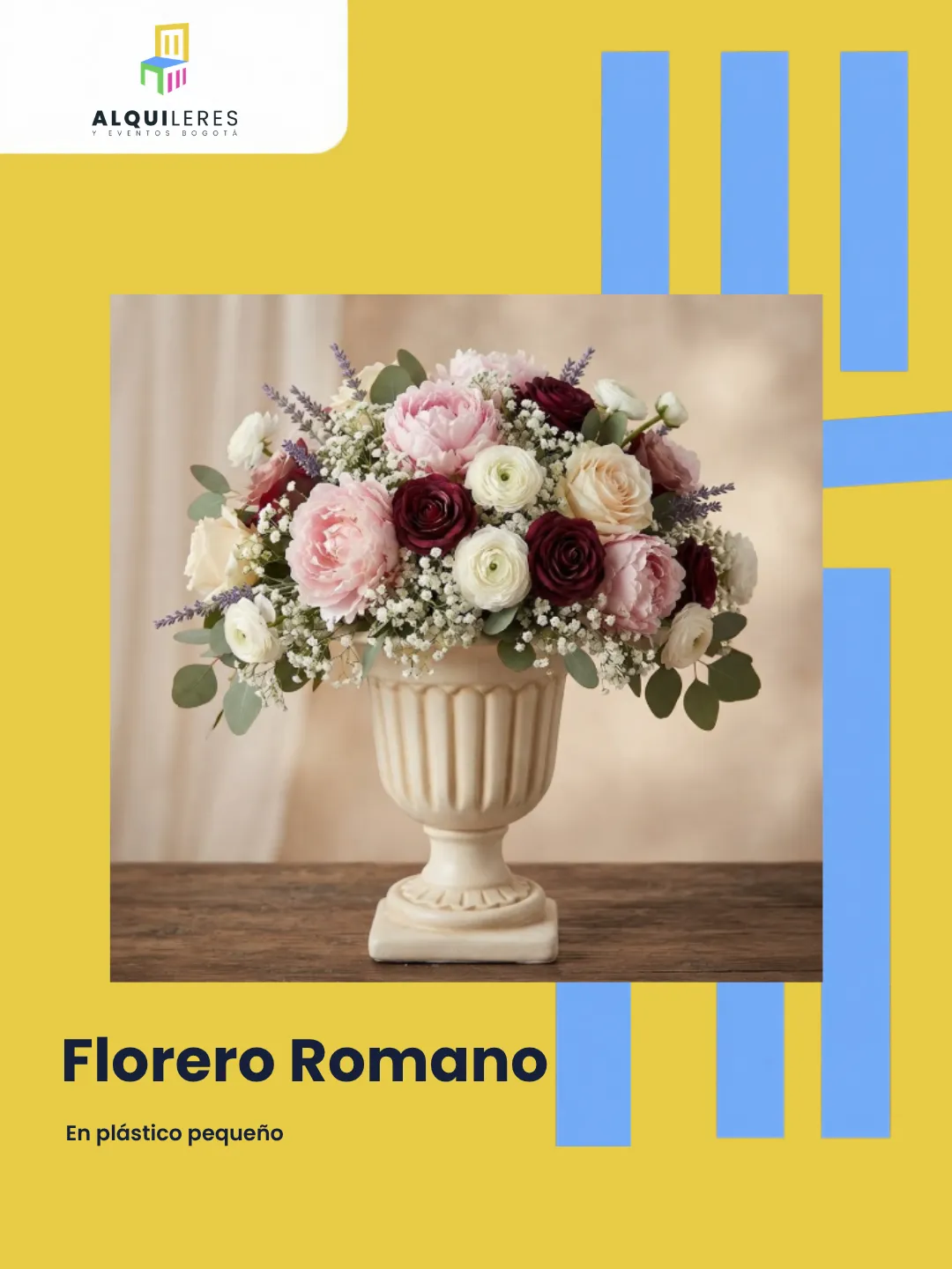 Florero romano color marfil con arreglo de flores