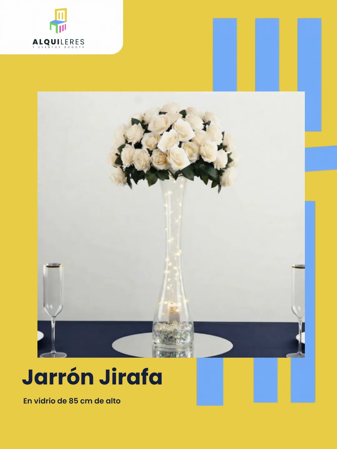 Jarrón jirafa en vidrio de 85 cm con arreglo de rosas blancas para centro de mesa
