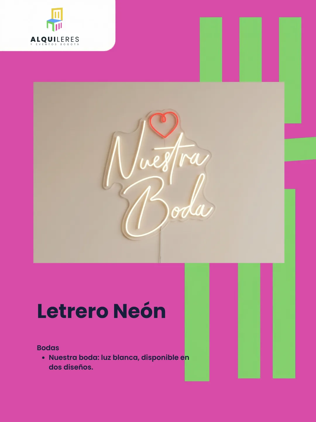 Letrero neón "Nuestra boda" con corazón y contorno de luz cálida