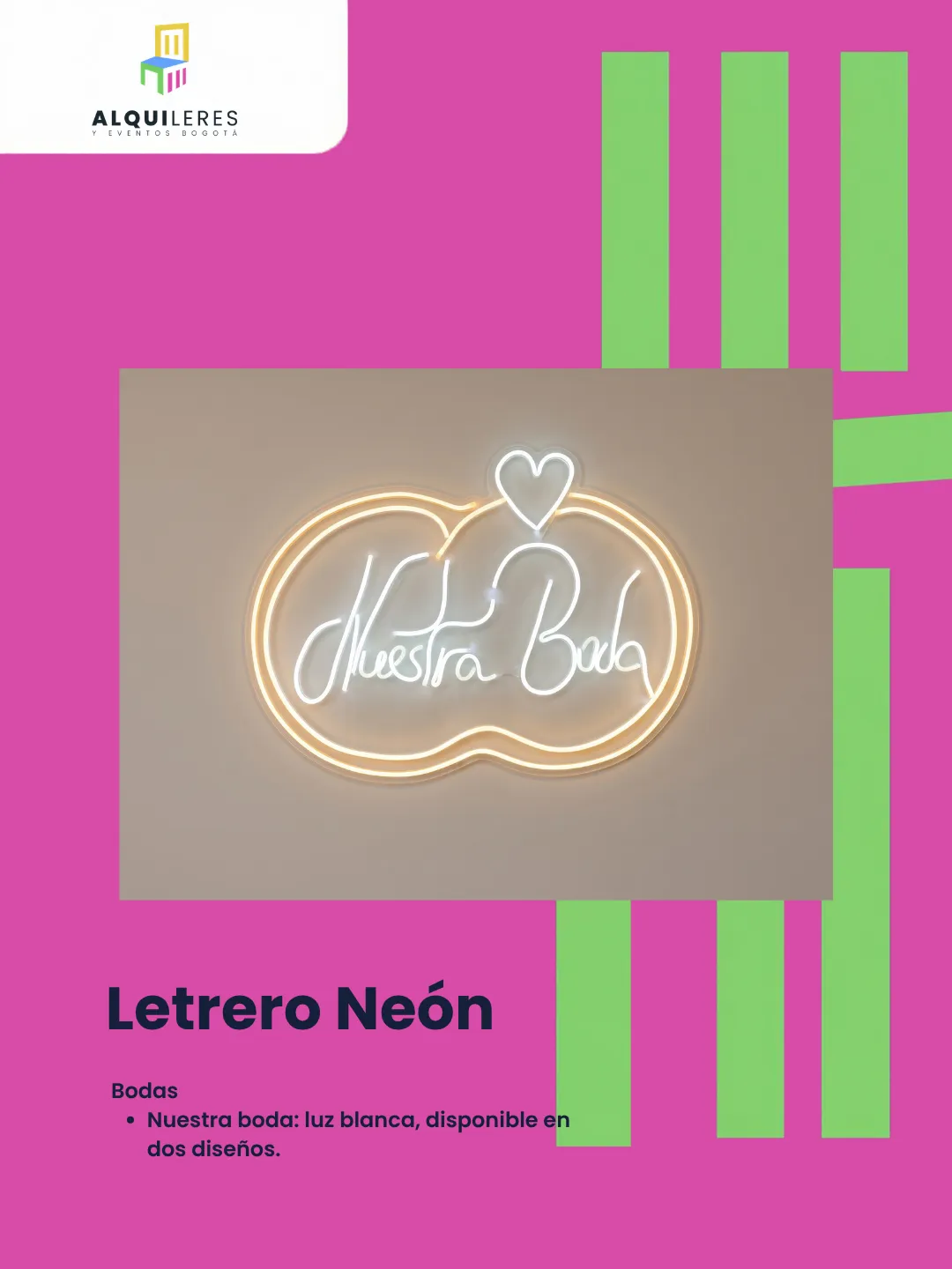 Letrero neón "Nuestra boda" en letra cursiva con corazón rojo