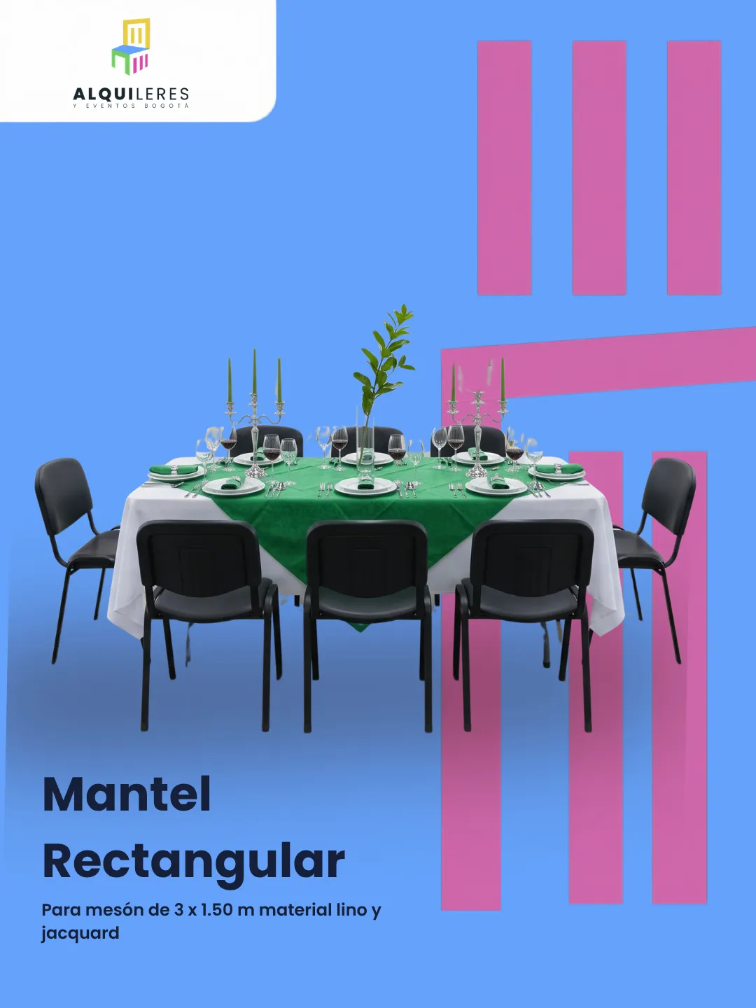 Mantel rectangular blanco de 3 × 1,50 m con sobremantel verde en mesón para cena formal