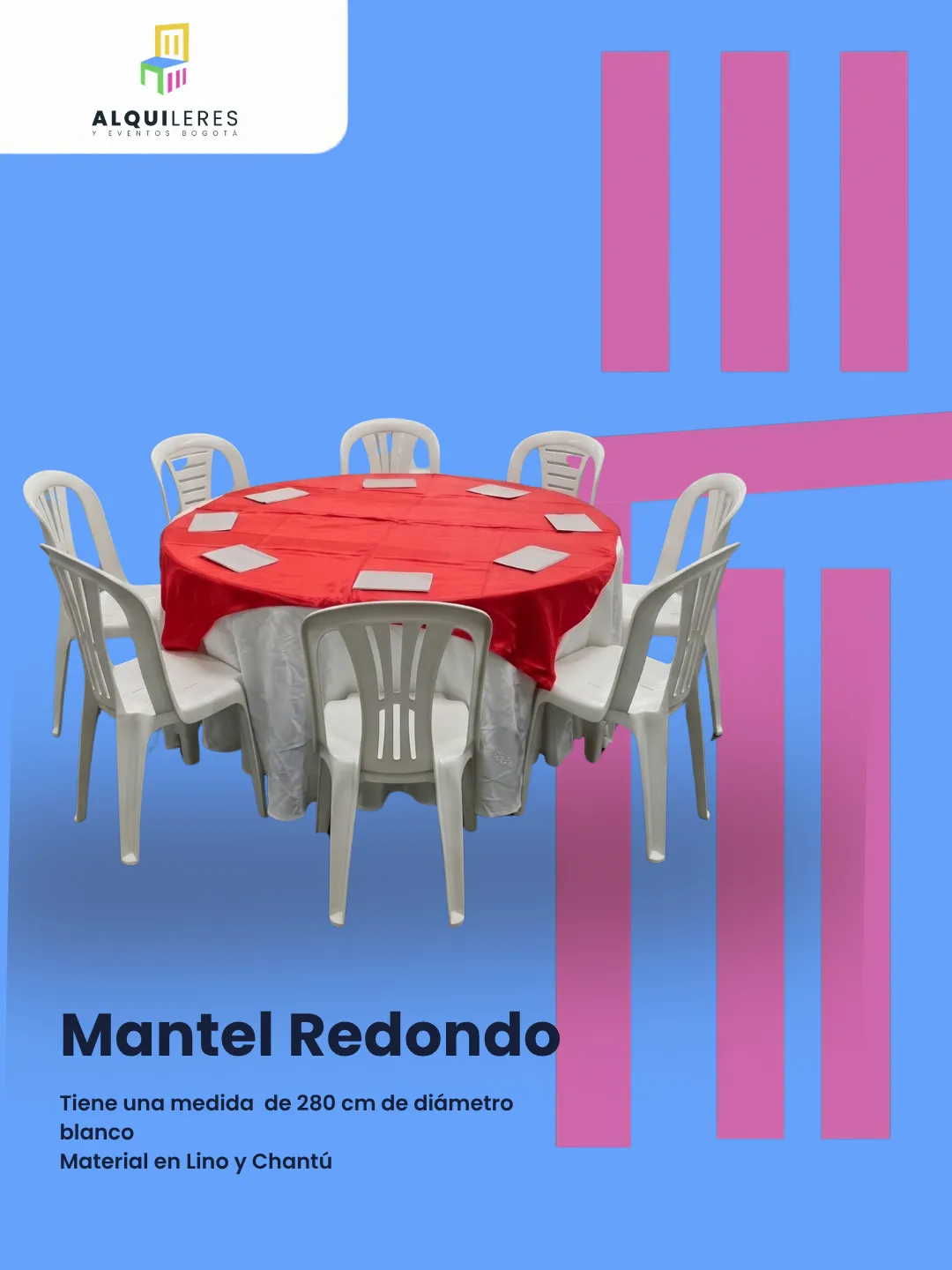 Mantel redondo blanco con sobremantel rojo satinado y sillas plásticas blancas
