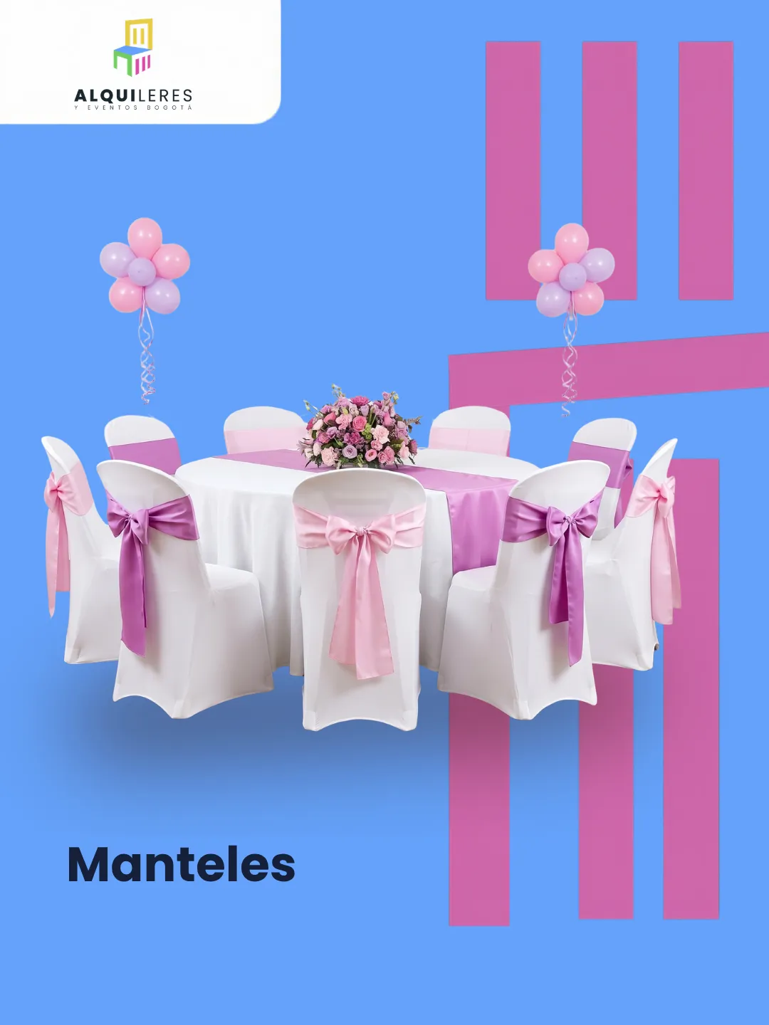 Mesa redonda con mantel blanco, camino de mesa lila y sillas con forros blancos y cintas rosadas y lilas, alquiler de manteles en Bogotá
