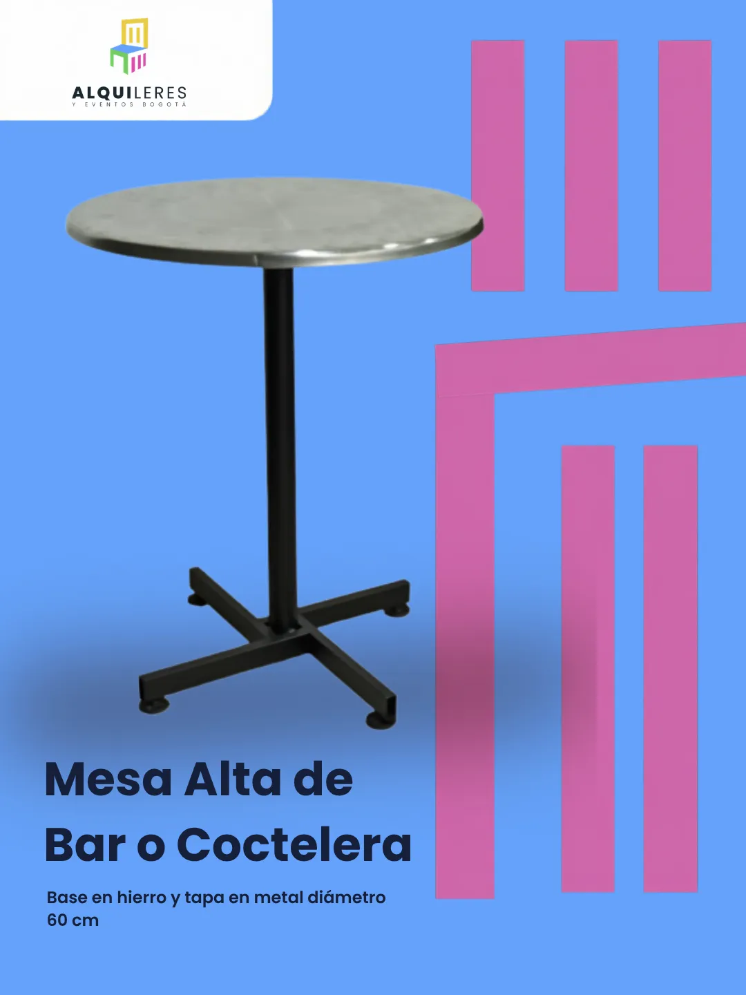 Mesa alta coctelera con base en hierro y tapa metálica de 60 cm de diámetro