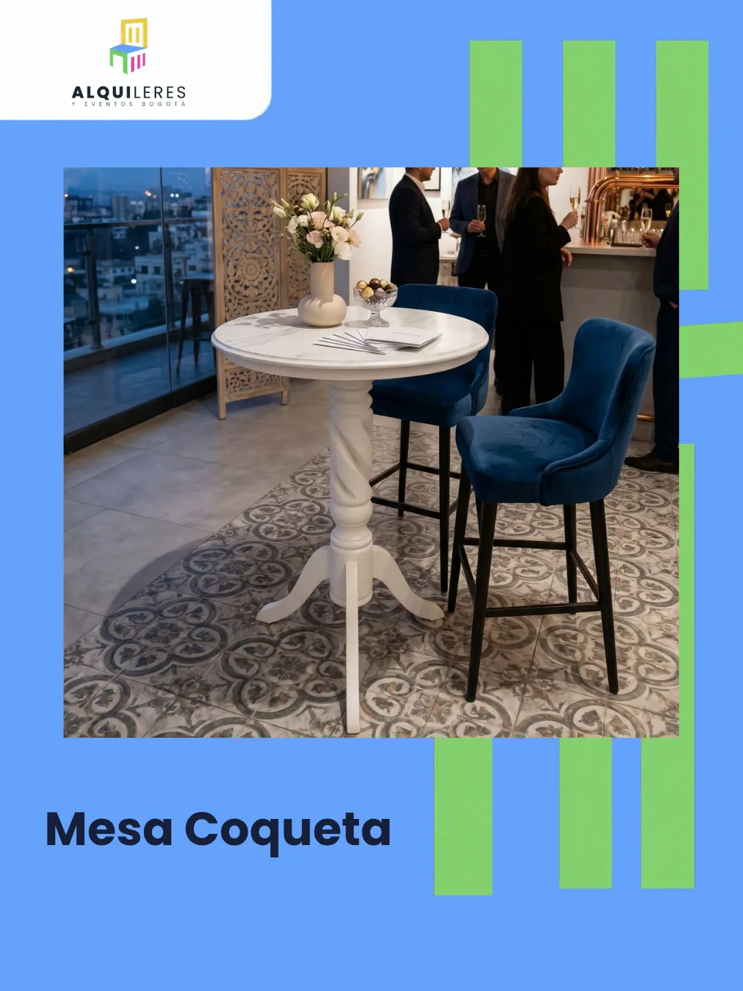 Mesa coqueta redonda blanca con pedestal torneado para zona de cóctel