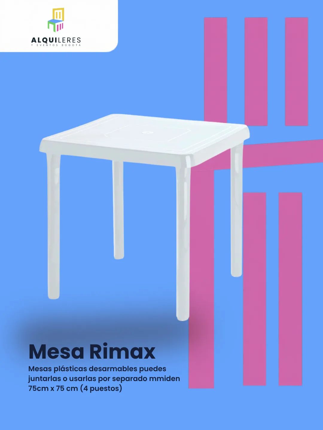 Mesa plástica blanca desarmable de 75 × 75 cm para 4 personas