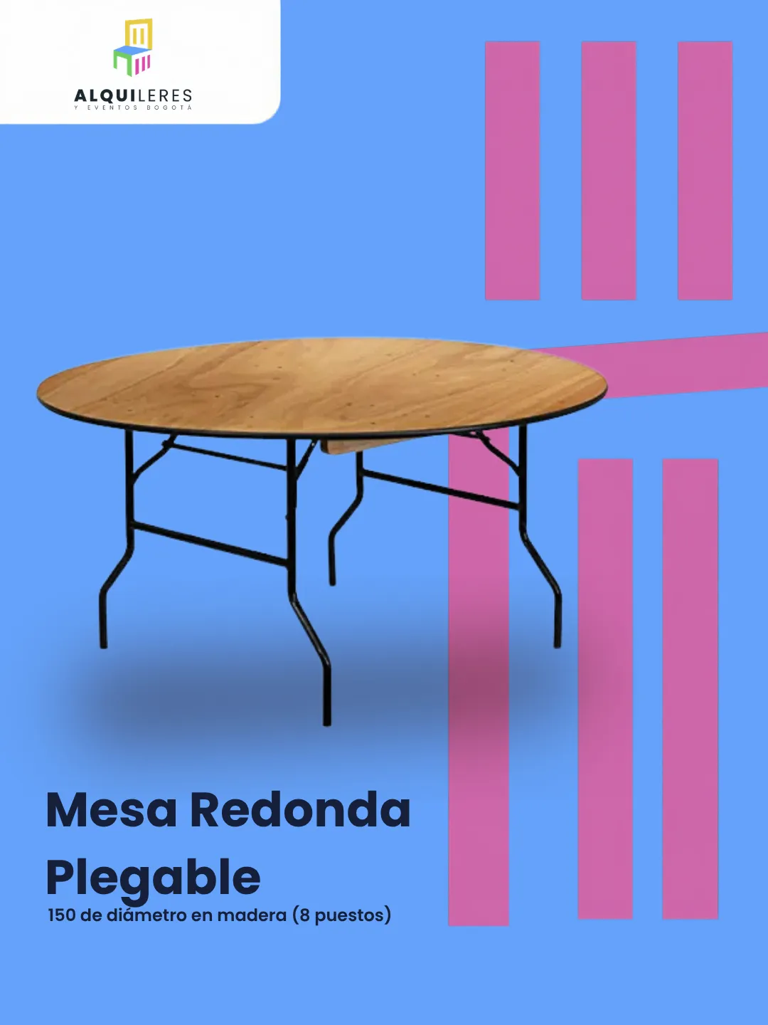 Mesa redonda plegable de madera de 150 cm de diámetro para 8 personas, alquiler de eventos en Bogotá