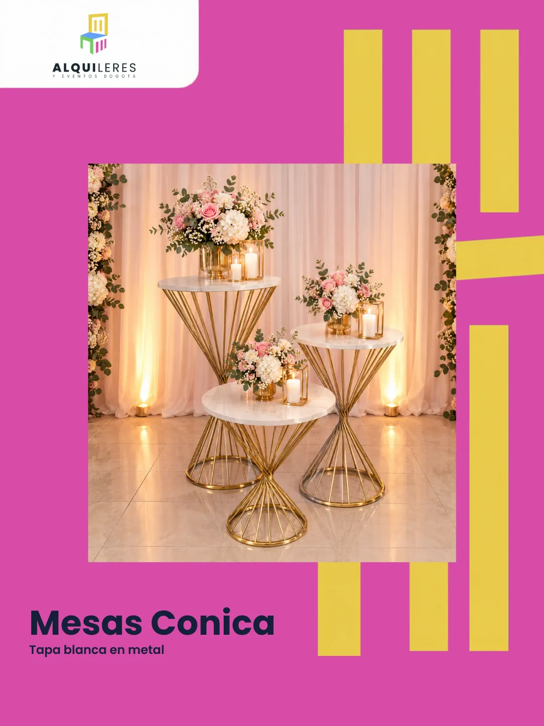 Set de mesas cónicas doradas con tapa blanca y arreglos florales, alquiler de mesas decorativas en Bogotá