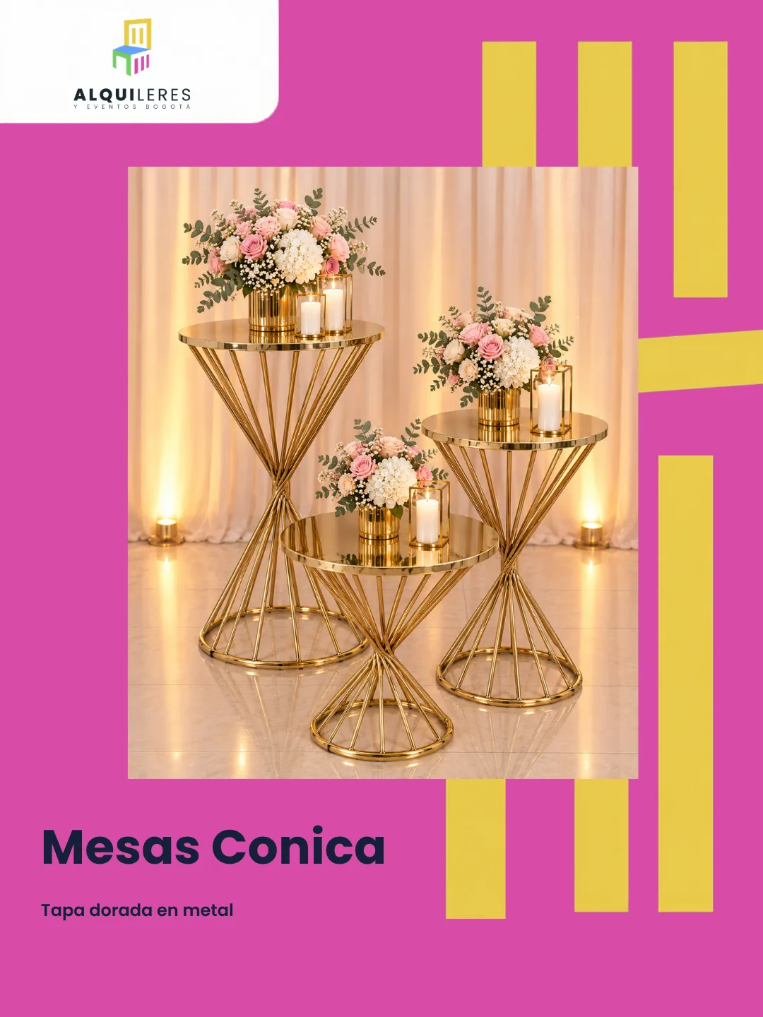 Mesas cónicas en metal dorado con tapa dorada en tres alturas