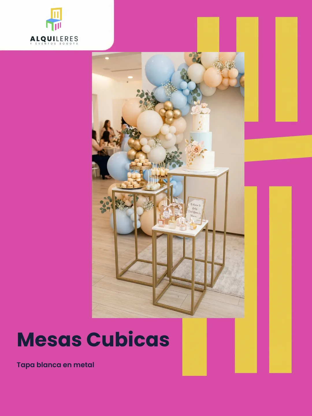 Mesas cúbicas doradas con tapa blanca en mesa de postres de baby shower