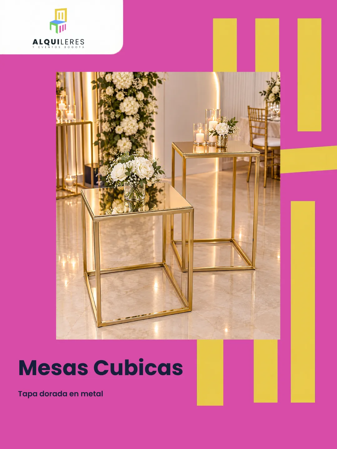 Mesas cúbicas en metal dorado con tapa dorada tipo espejo