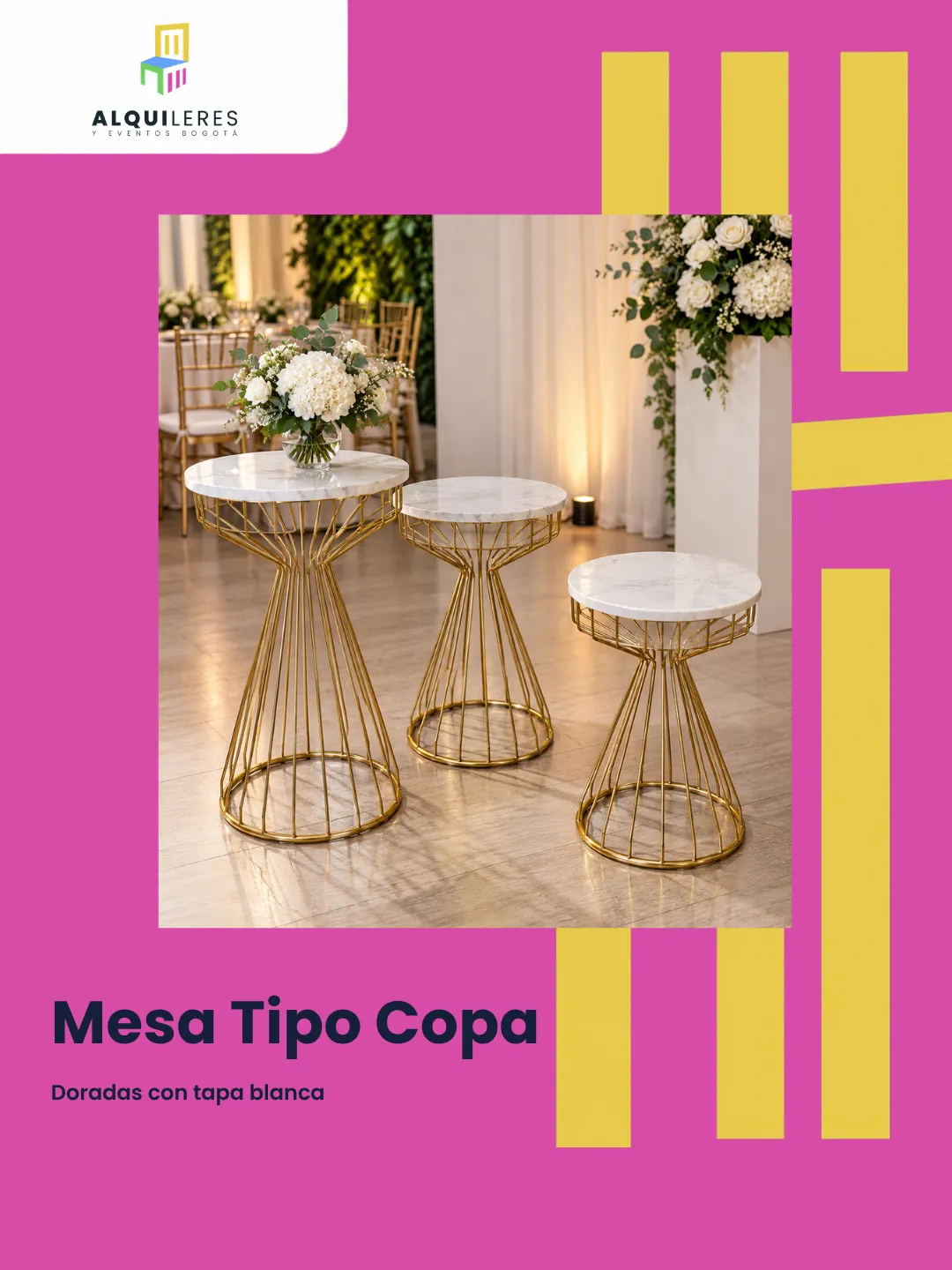 Mesas tipo copa doradas con tapa blanca redonda en tres alturas