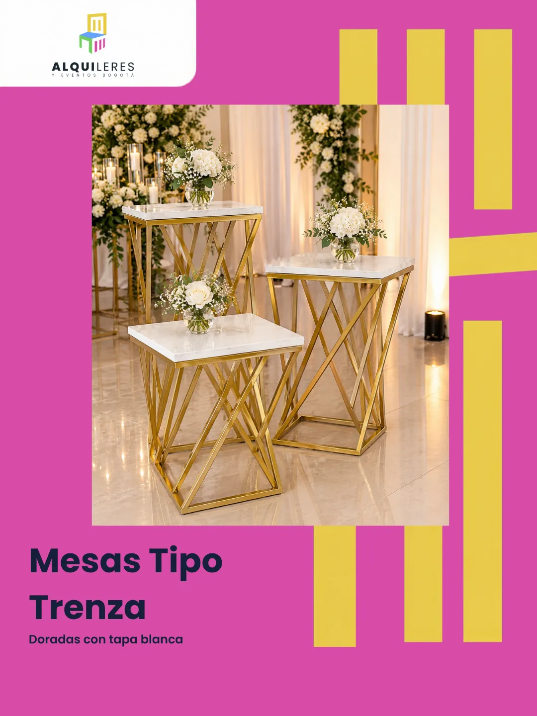 Mesas tipo trenza en metal dorado con líneas cruzadas y tapa blanca