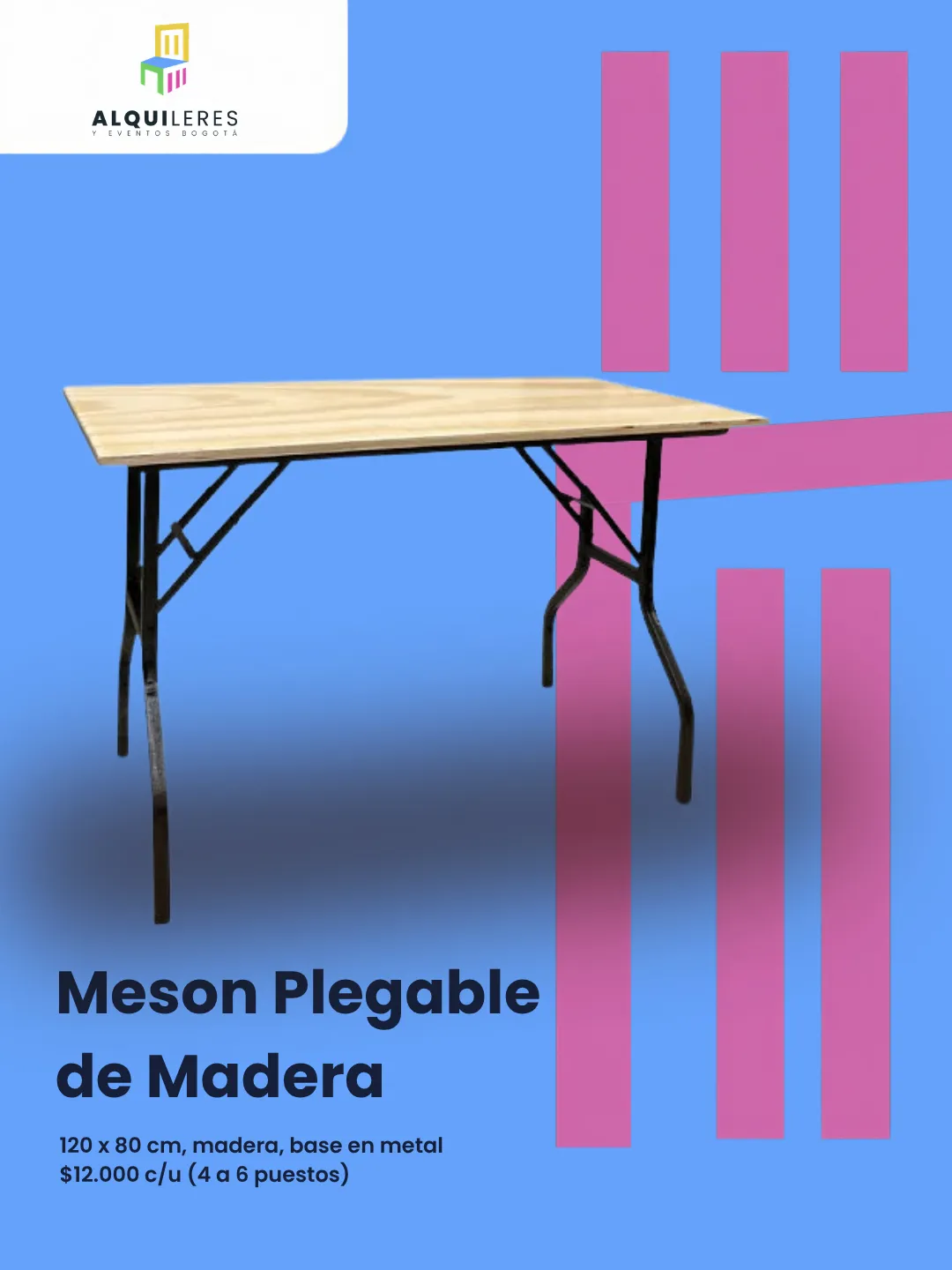 Mesón plegable de madera de 120 × 80 cm con base metálica, para 4 a 6 personas