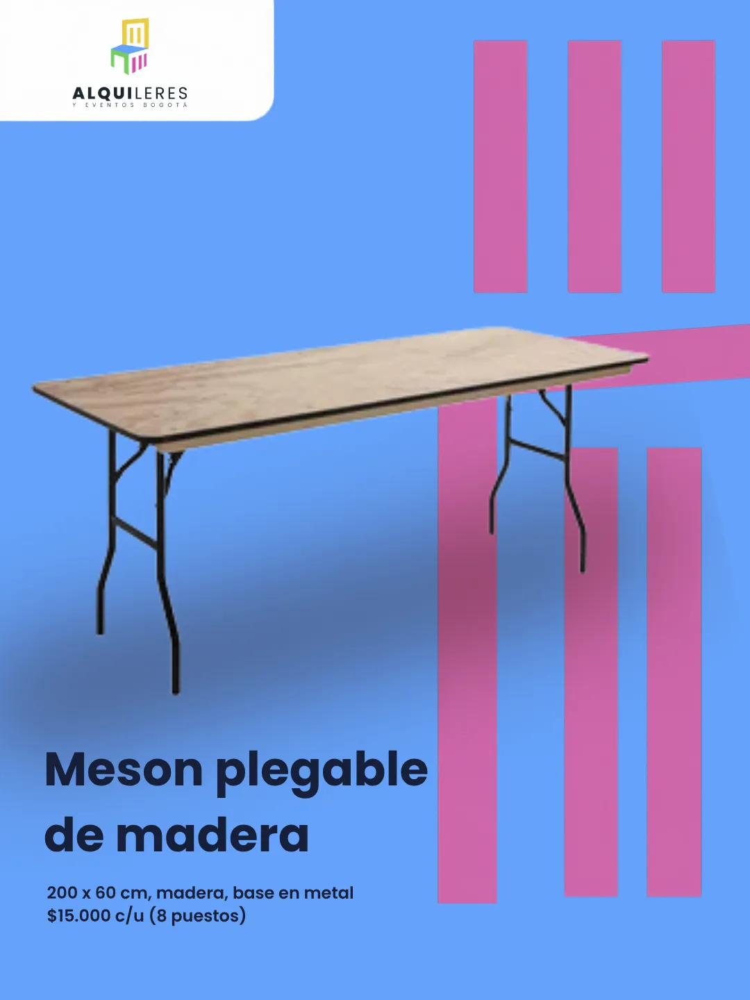 Mesón plegable de madera de 200 × 60 cm con base metálica, para 8 personas