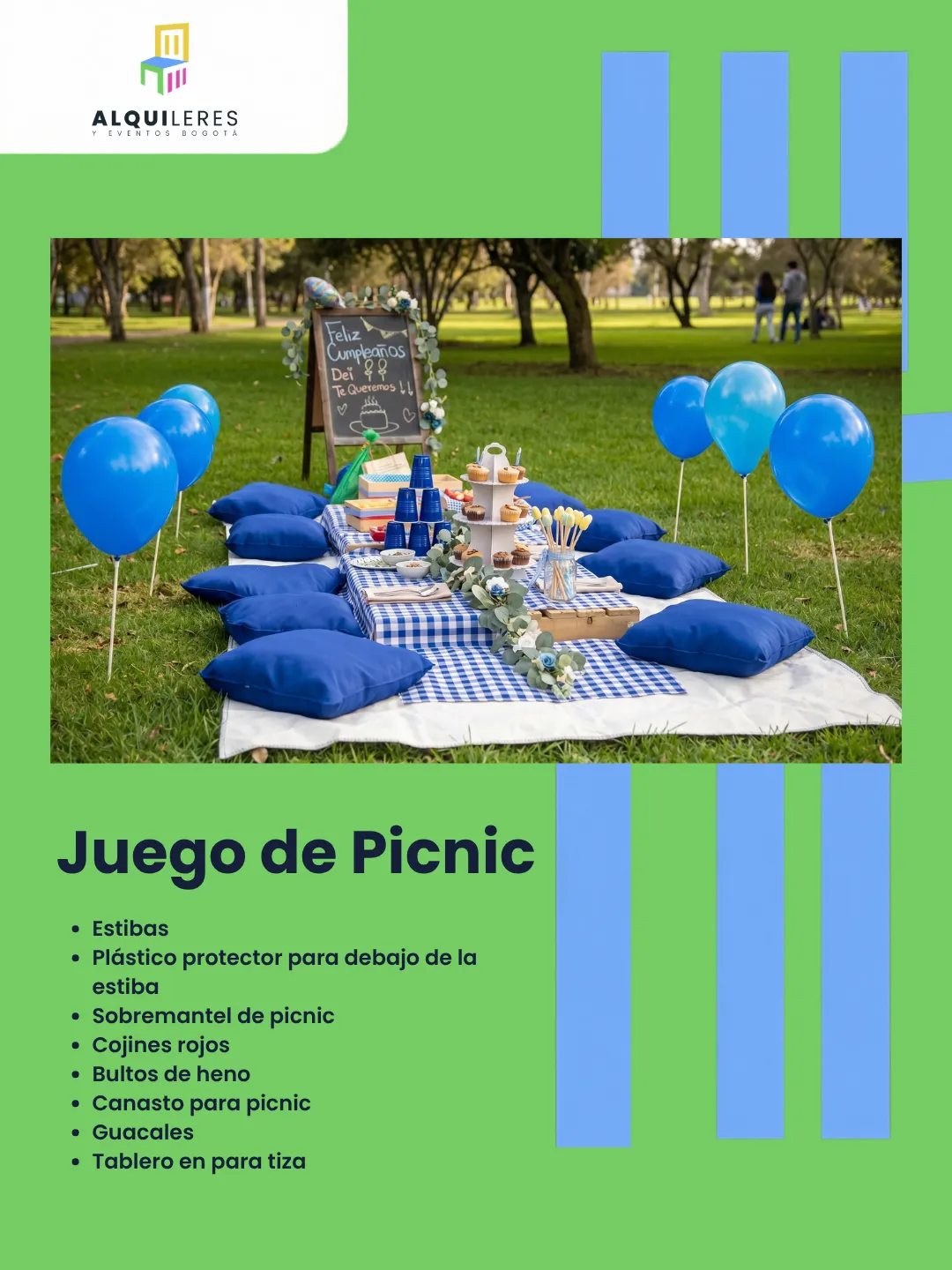 Picnic al aire libre en parque con estibas, mantel de cuadros azules y cojines azules, alquiler de picnic en Bogotá