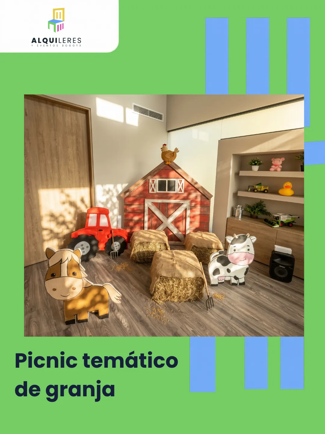 Picnic temático de granja con bultos de heno, granero y figuras de animales para fiesta infantil