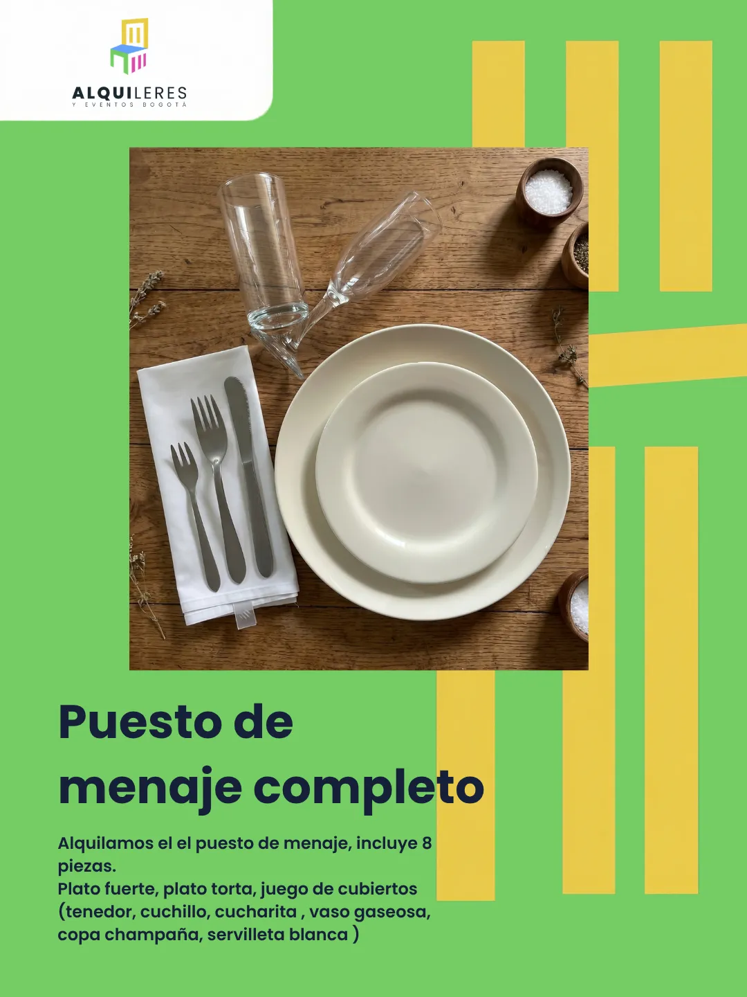 Puesto de menaje completo con plato fuerte, plato de torta, cubiertos, vaso, copa de champaña y servilleta blanca, alquiler de menaje en Bogotá