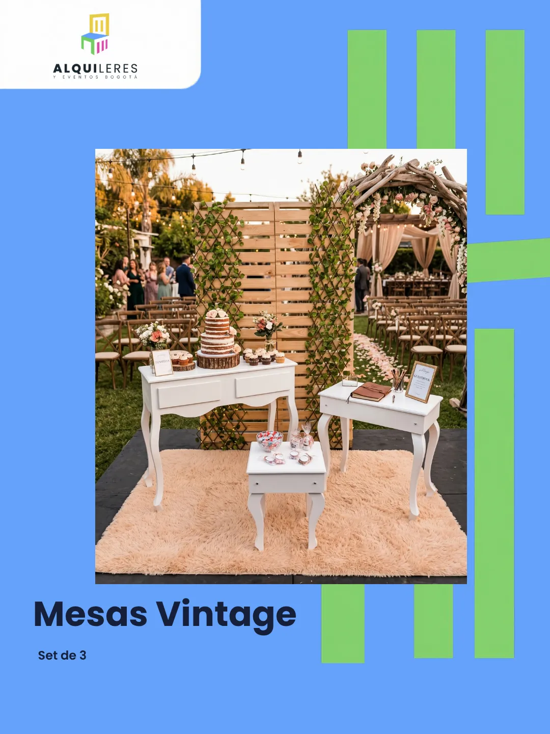 Set de 3 mesas vintage blancas con cajones y patas curvas para montaje de boda