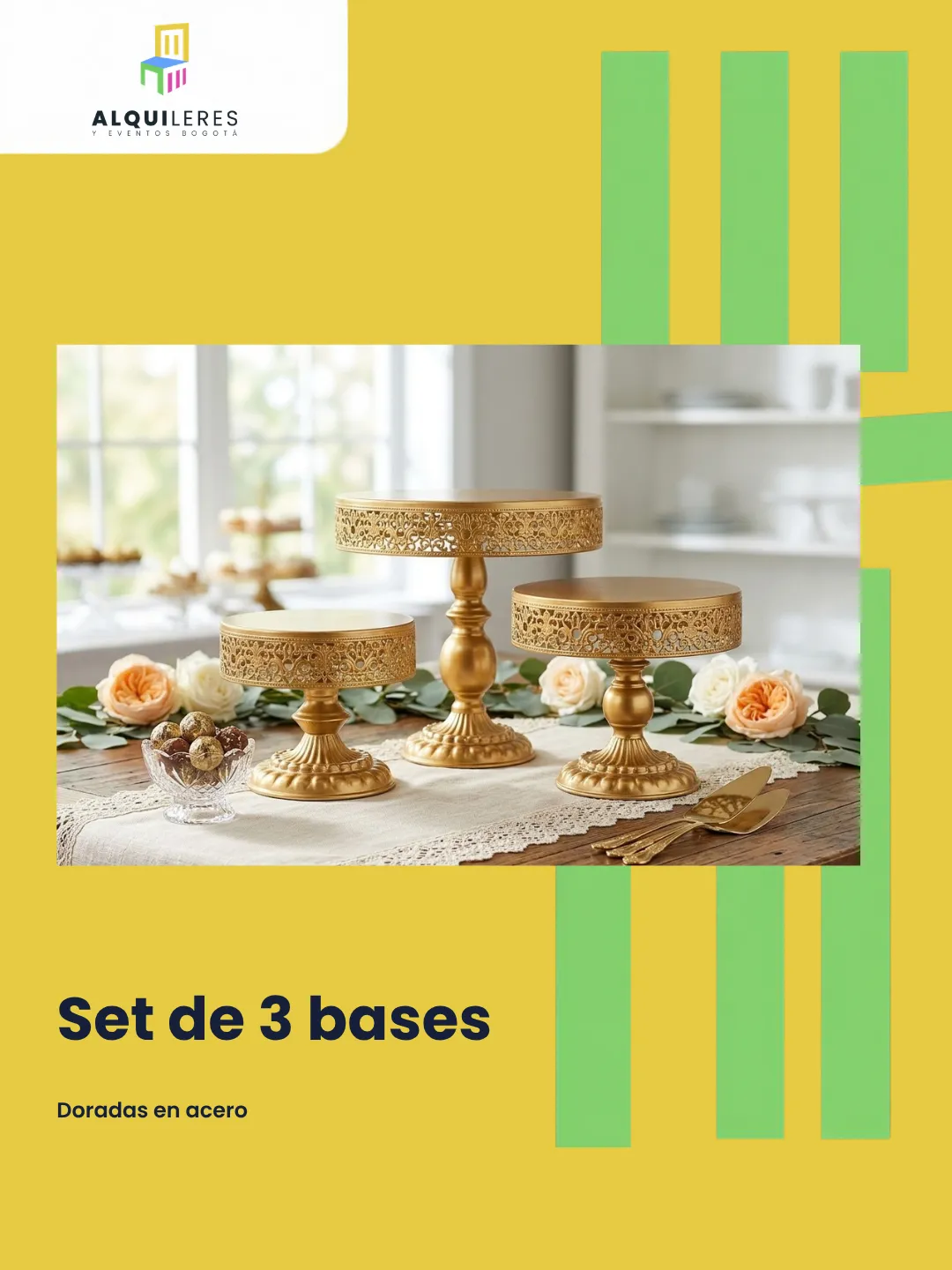 Set de 3 bases para torta en acero dorado con borde calado