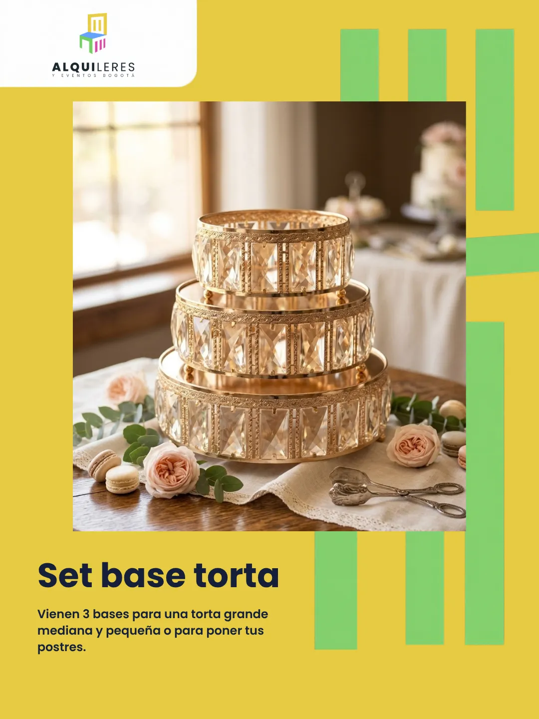Set de 3 bases para torta doradas con cristales, alquiler de bases de torta en Bogotá