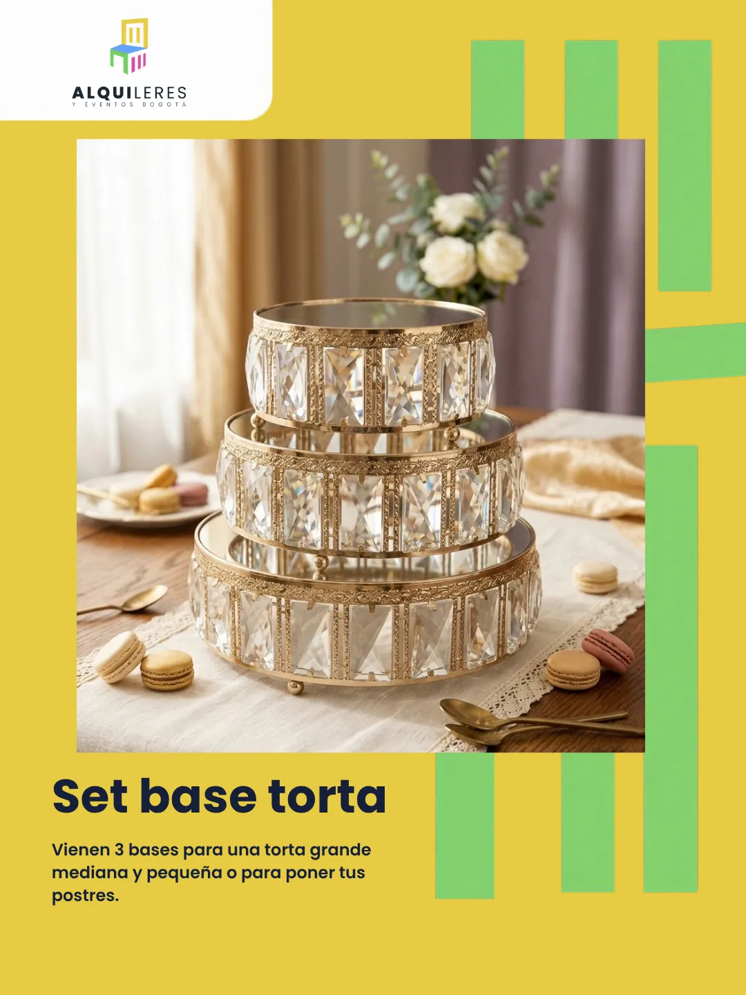 Tres bases para torta doradas con cristales en tamaño grande, mediano y pequeño