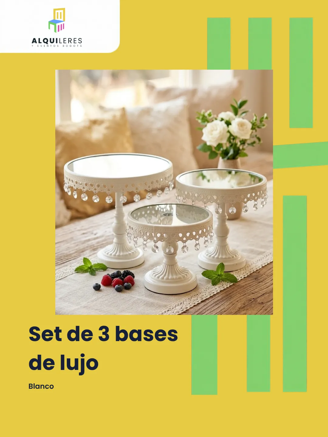 Set de 3 bases para torta de lujo blancas con vidrio y colgantes de cristal