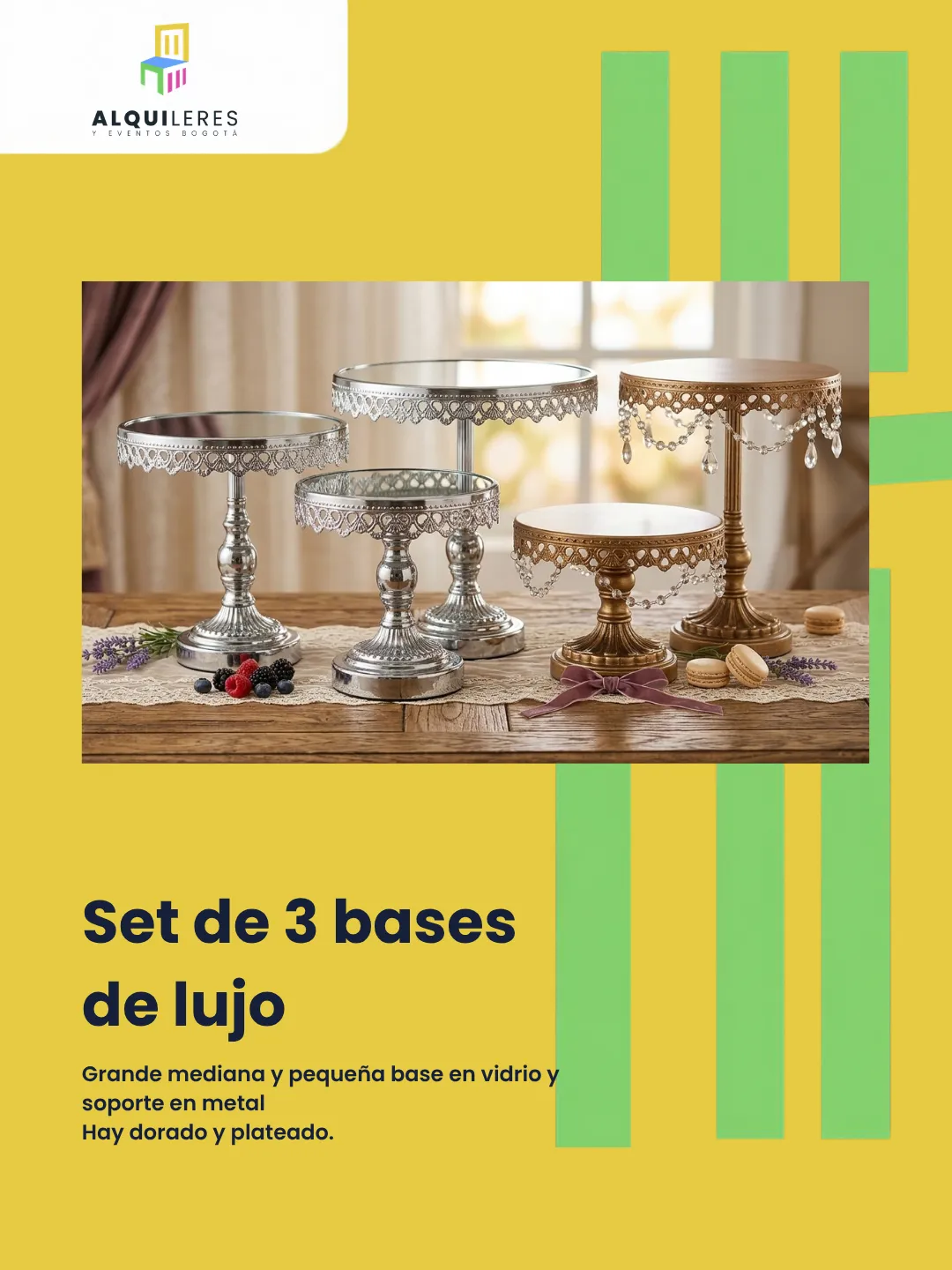 Bases para torta de lujo en vidrio con soporte metálico plateado y dorado