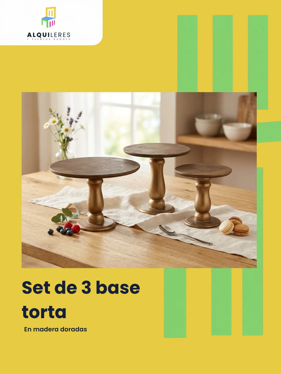 Set de 3 bases para torta tipo pedestal en madera con acabado dorado