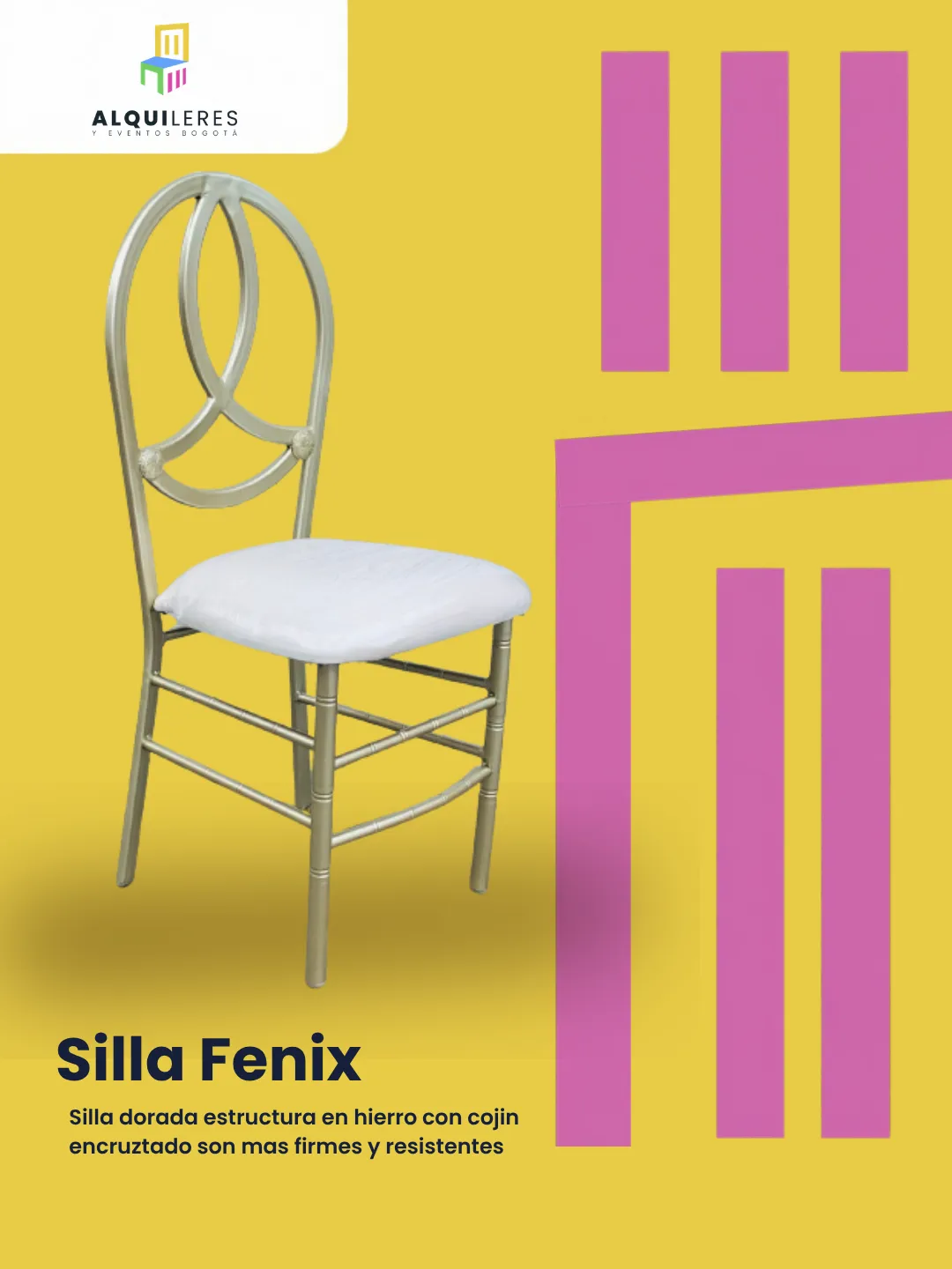 Silla Fénix dorada en hierro con espaldar de diseño y cojín blanco