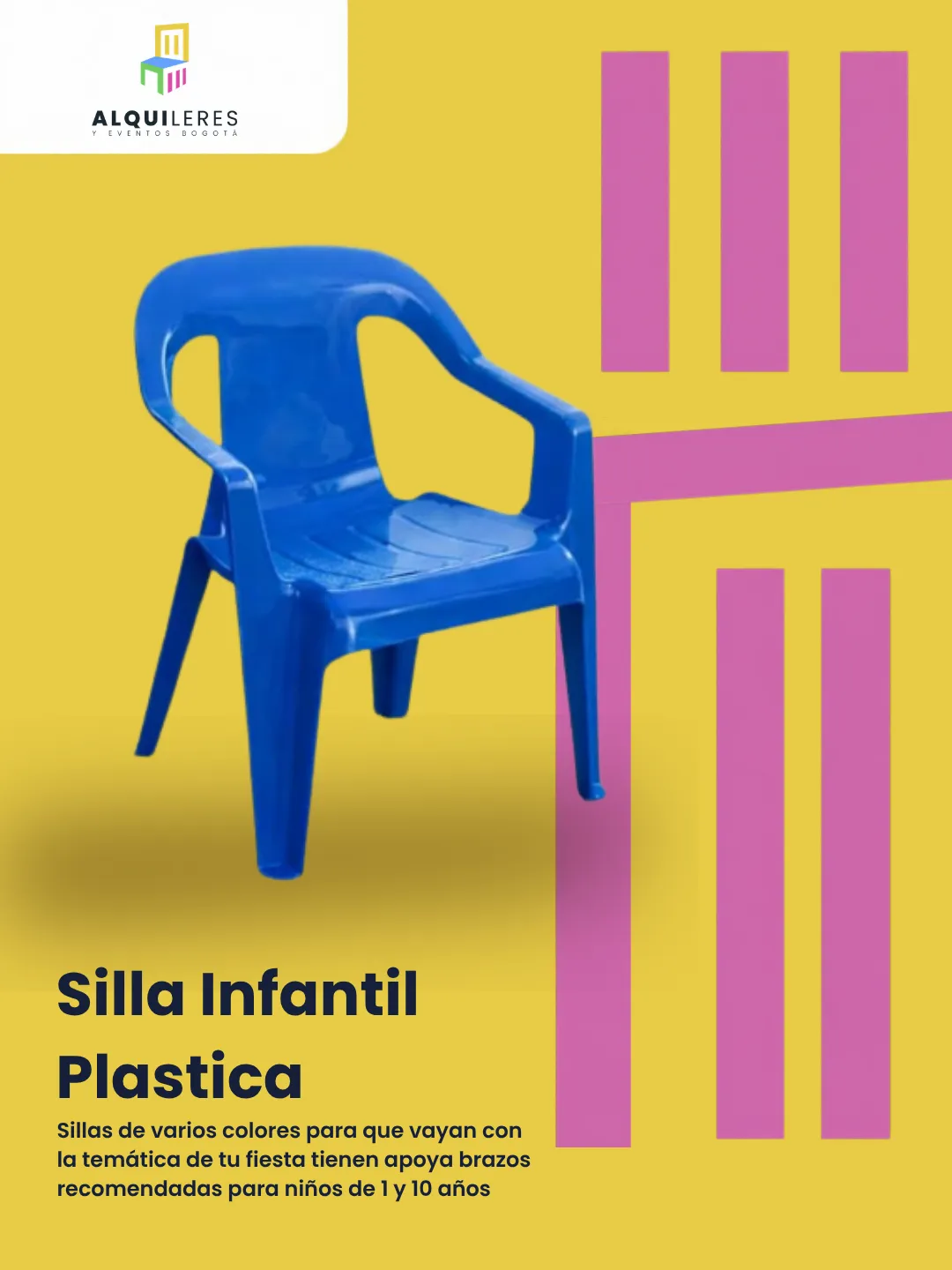Silla infantil plástica azul con apoyabrazos para fiestas de niños