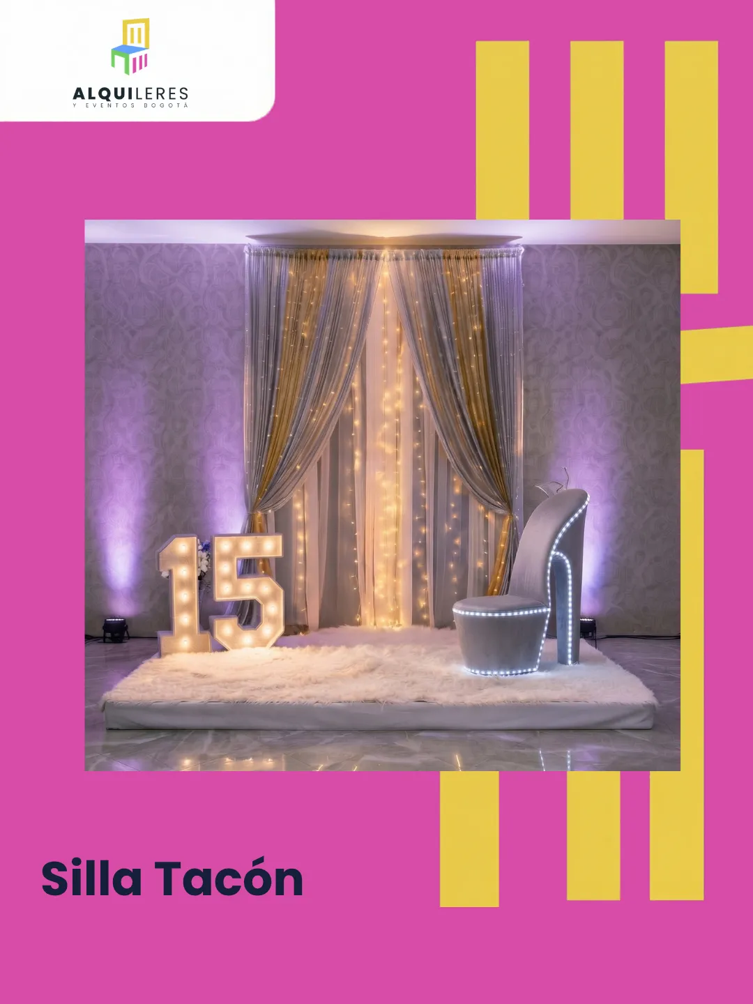 Silla tacón con forma de zapato gigante, acabado brillante y luces para quinceañera
