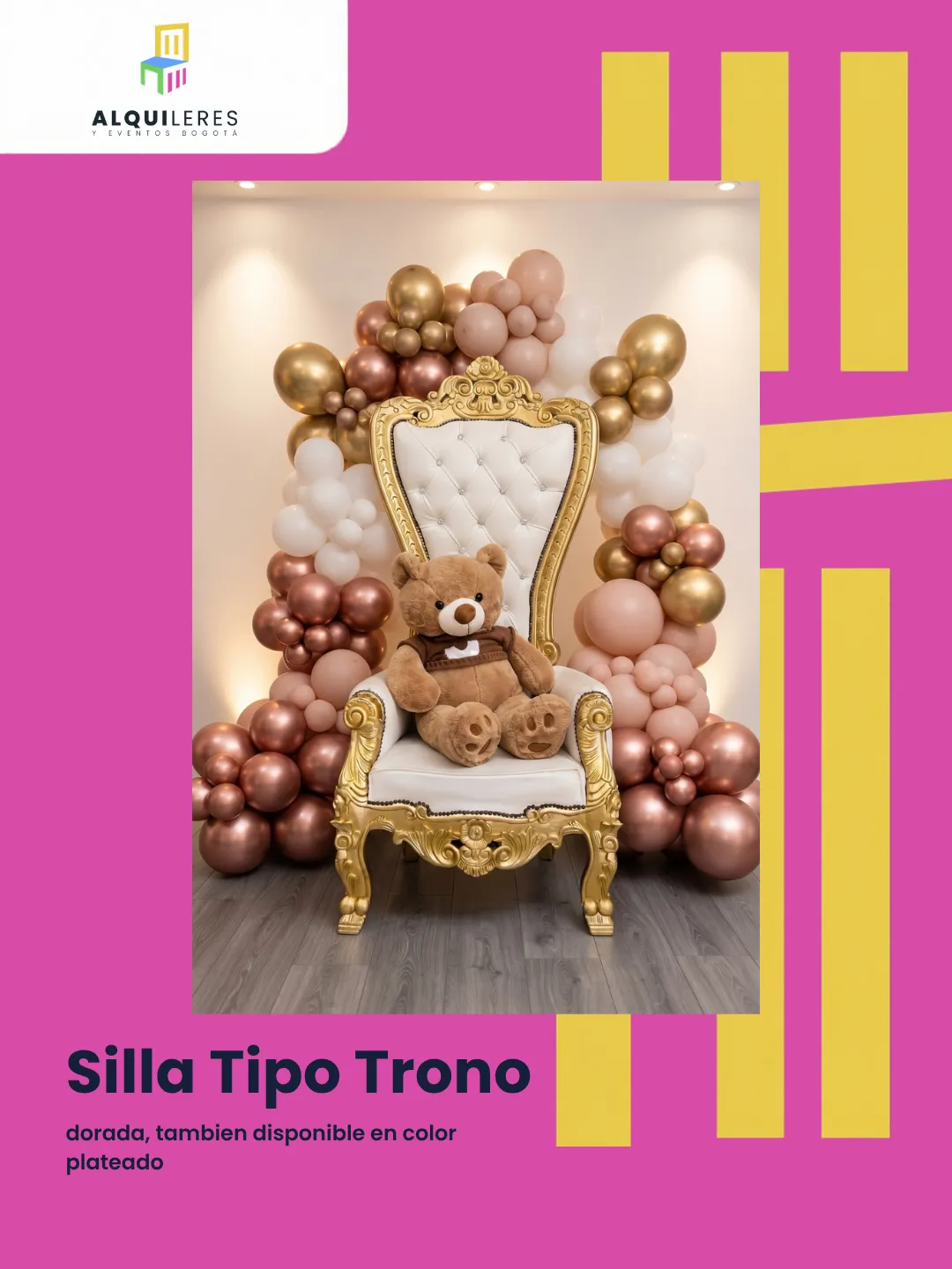 Silla tipo trono dorada con tapizado capitoné blanco para quinceañera, alquiler de sillas para quinceañeras en Bogotá