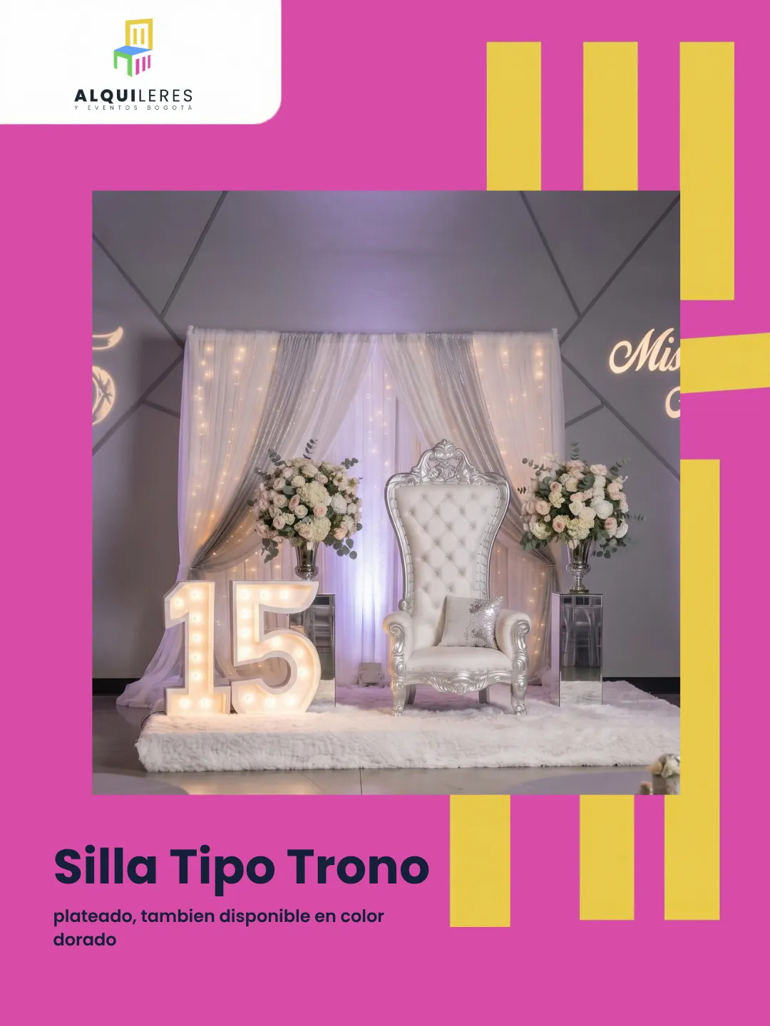 Silla tipo trono plateada con tapizado blanco junto a números luminosos de 15 años