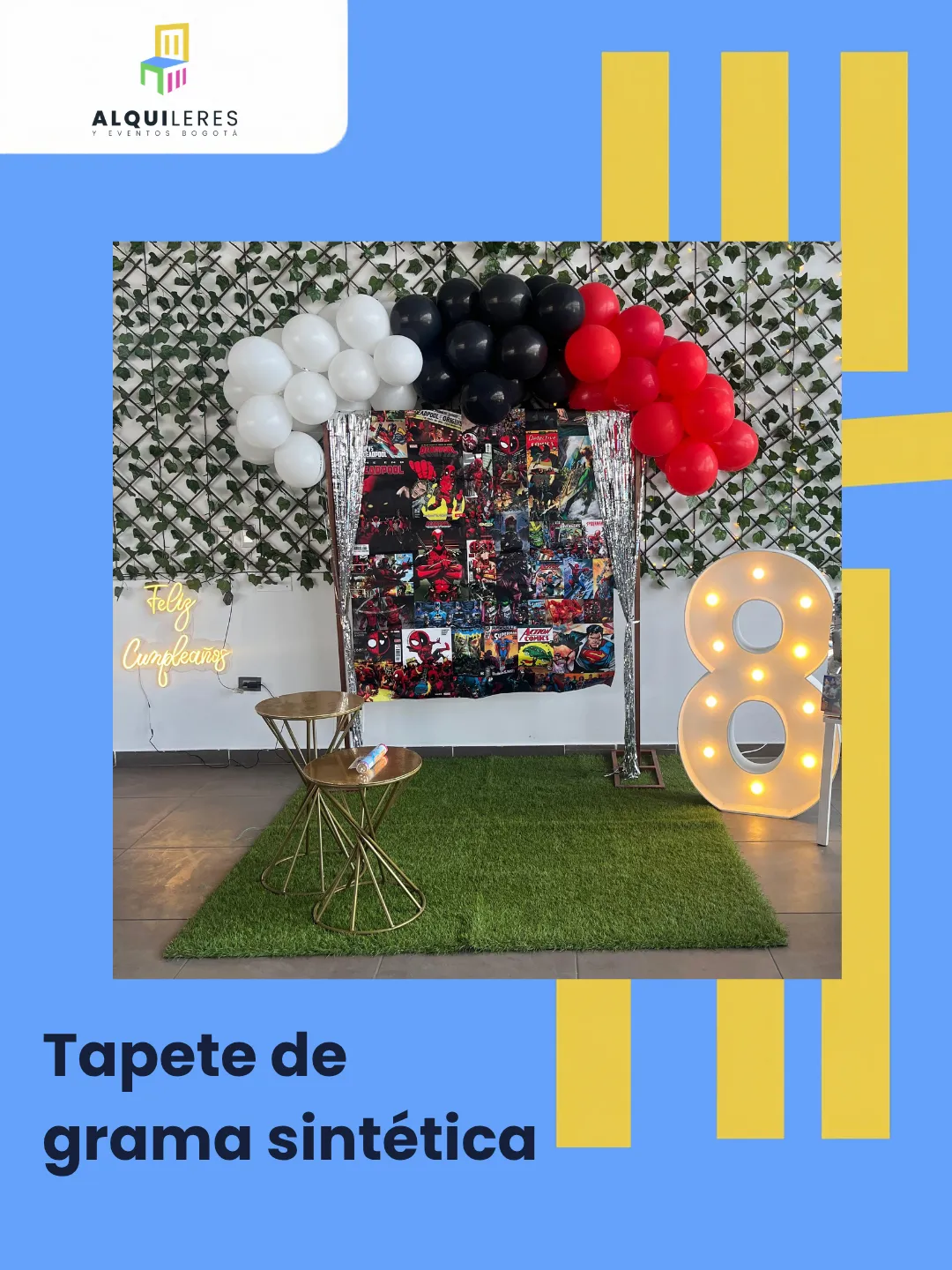 Tapete de grama sintética para montaje temático de cumpleaños