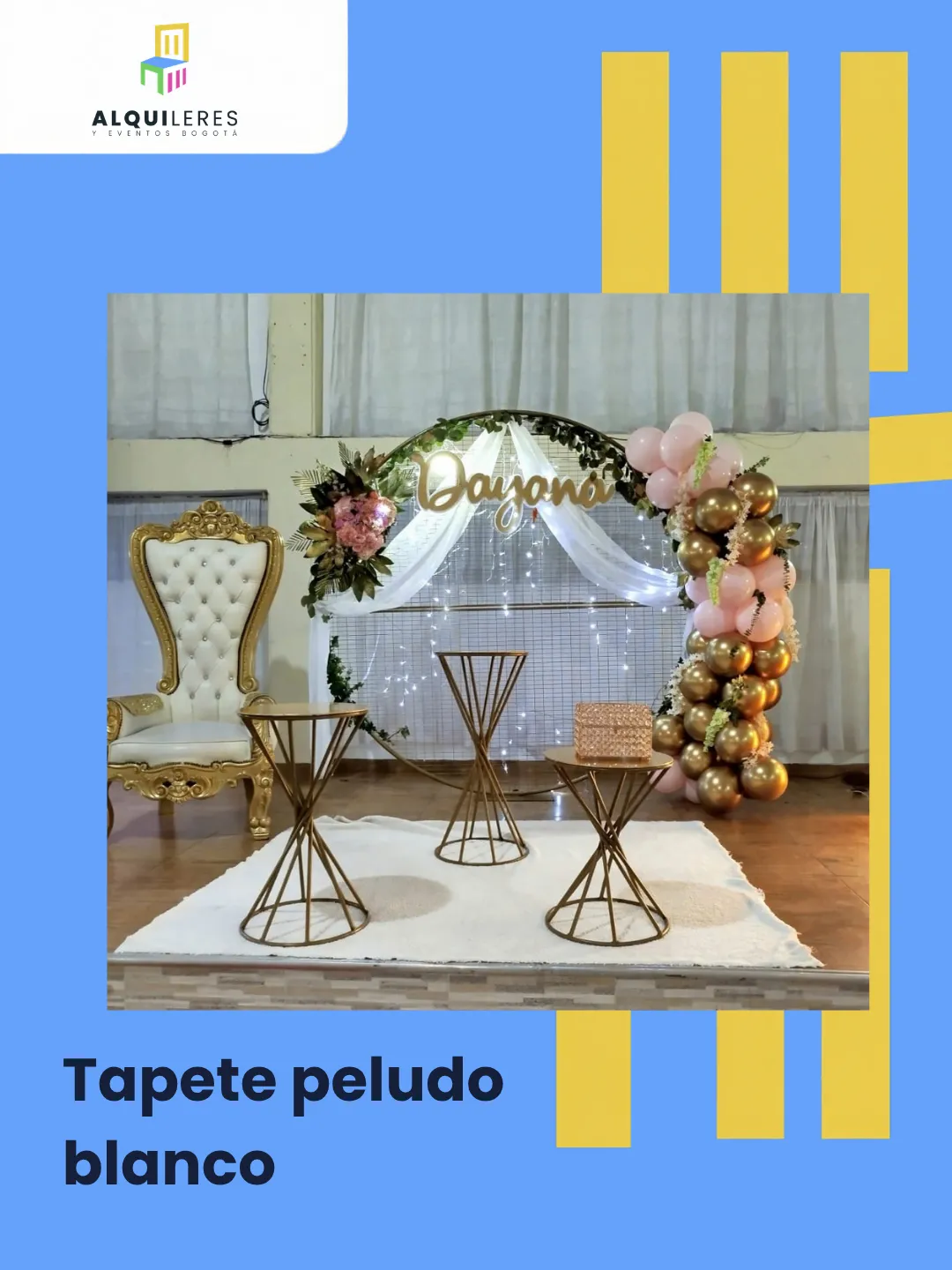 Tapete peludo blanco bajo silla trono dorada y mesas decorativas