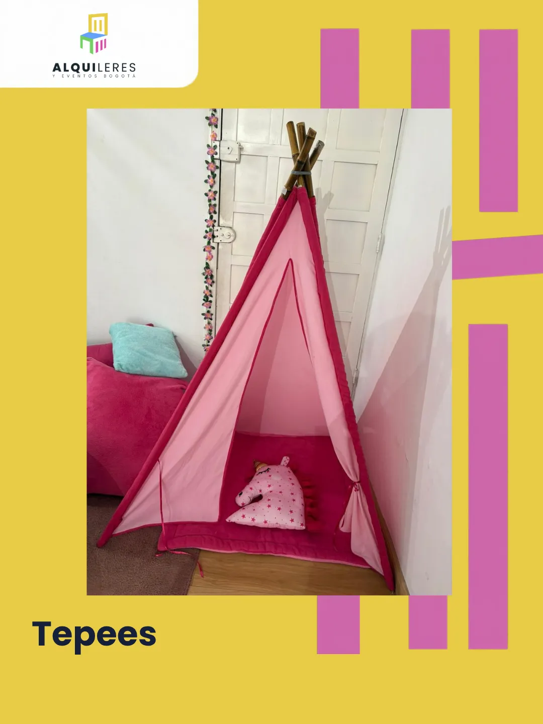 Tipi rosado con cojín de unicornio para pijamada de niñas