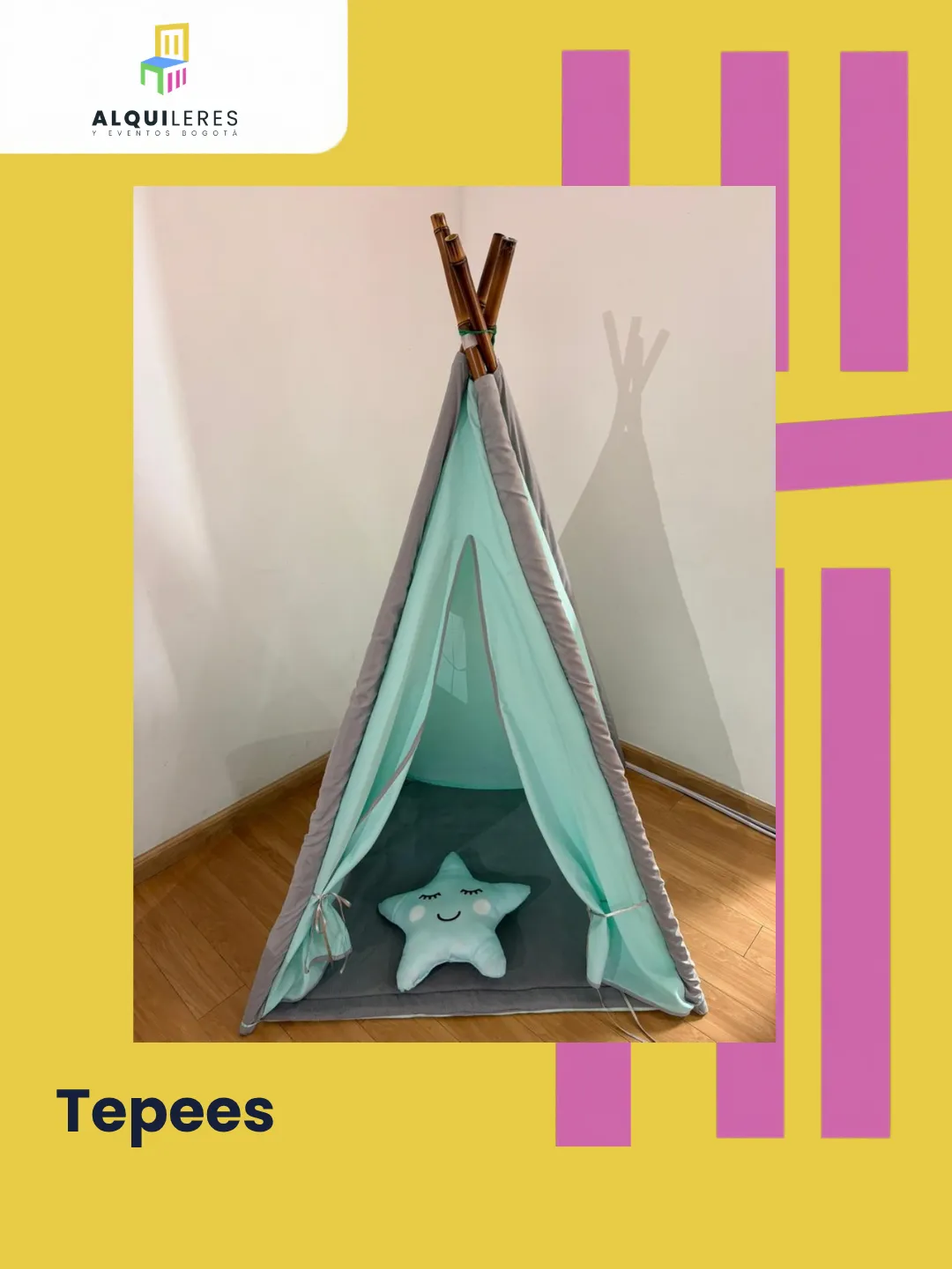 Tipi verde menta con cojín de estrella para pijamada infantil